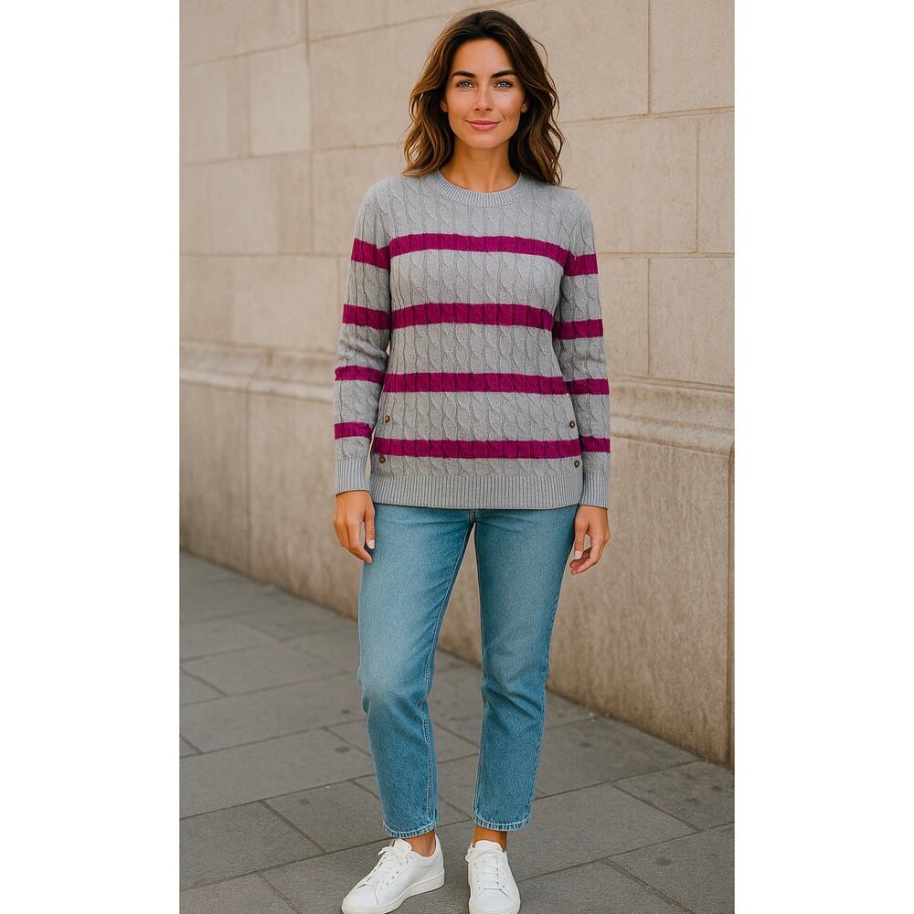 Marled Ribbed Sweater with Gold Button accents in Gray & Fuchsia size Medium NEW